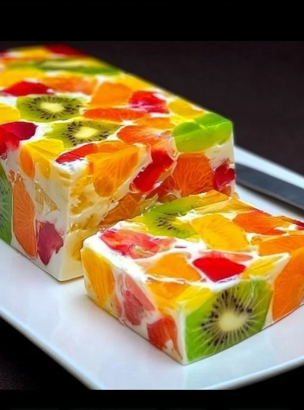 Creamy milk fruit dessert topped with fresh seasonal fruits