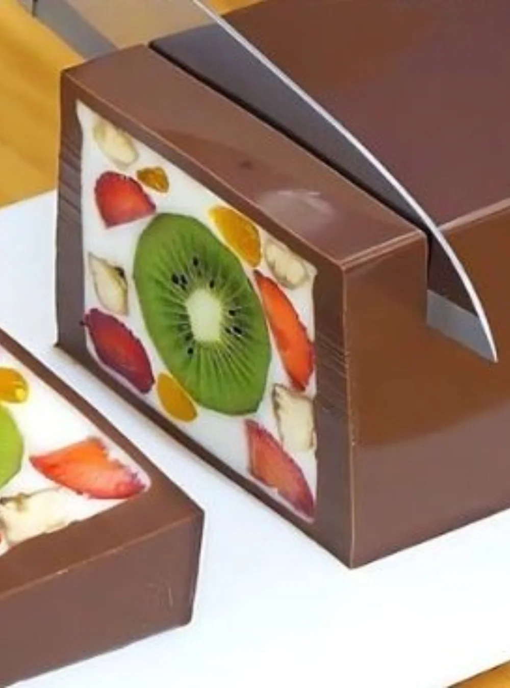 Milk, chocolate, and fruit layered dessert in a glass