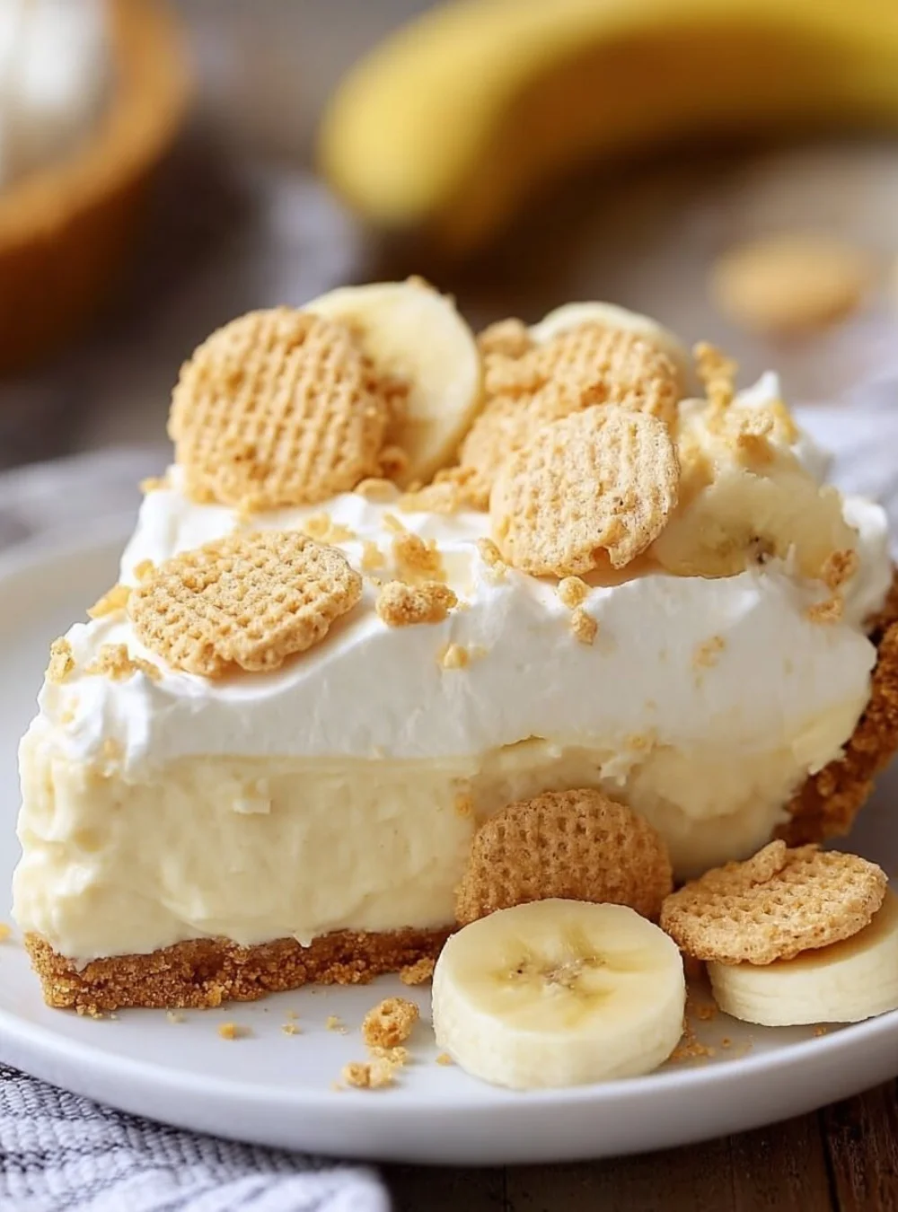 No bake banana pudding cheesecake topped with whipped cream and banana slices.