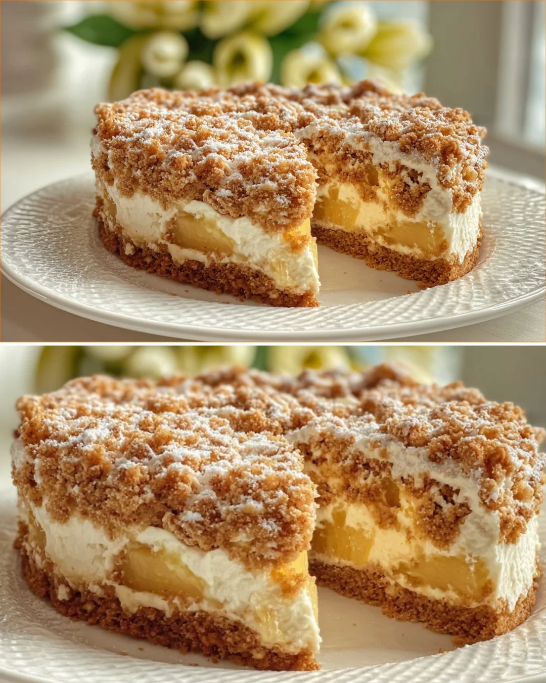 No-bake peach mascarpone dessert in a glass dish garnished with fresh peaches.