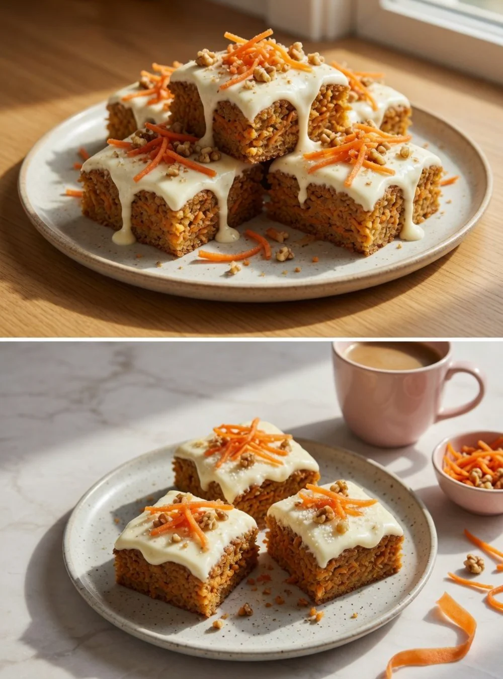 No Sugar Cottage Cheese Carrot Cake Bars served on a plate