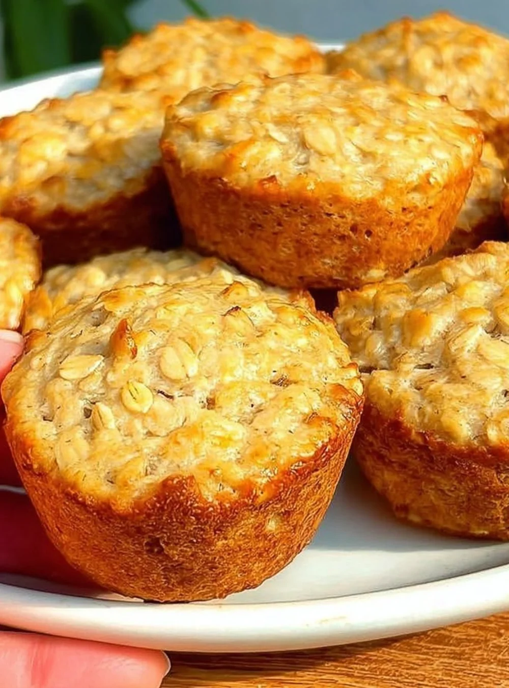 Oatmeal and apple muffins fresh out of the oven, topped with oats.