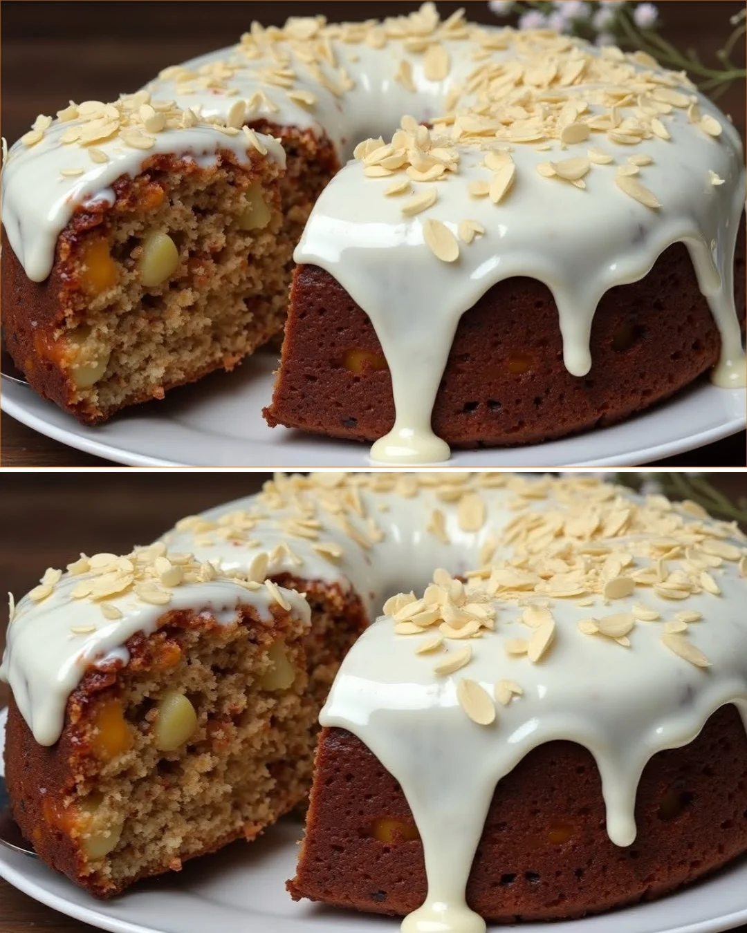 Delicious slice of oatmeal apple carrot cake topped with cream cheese frosting