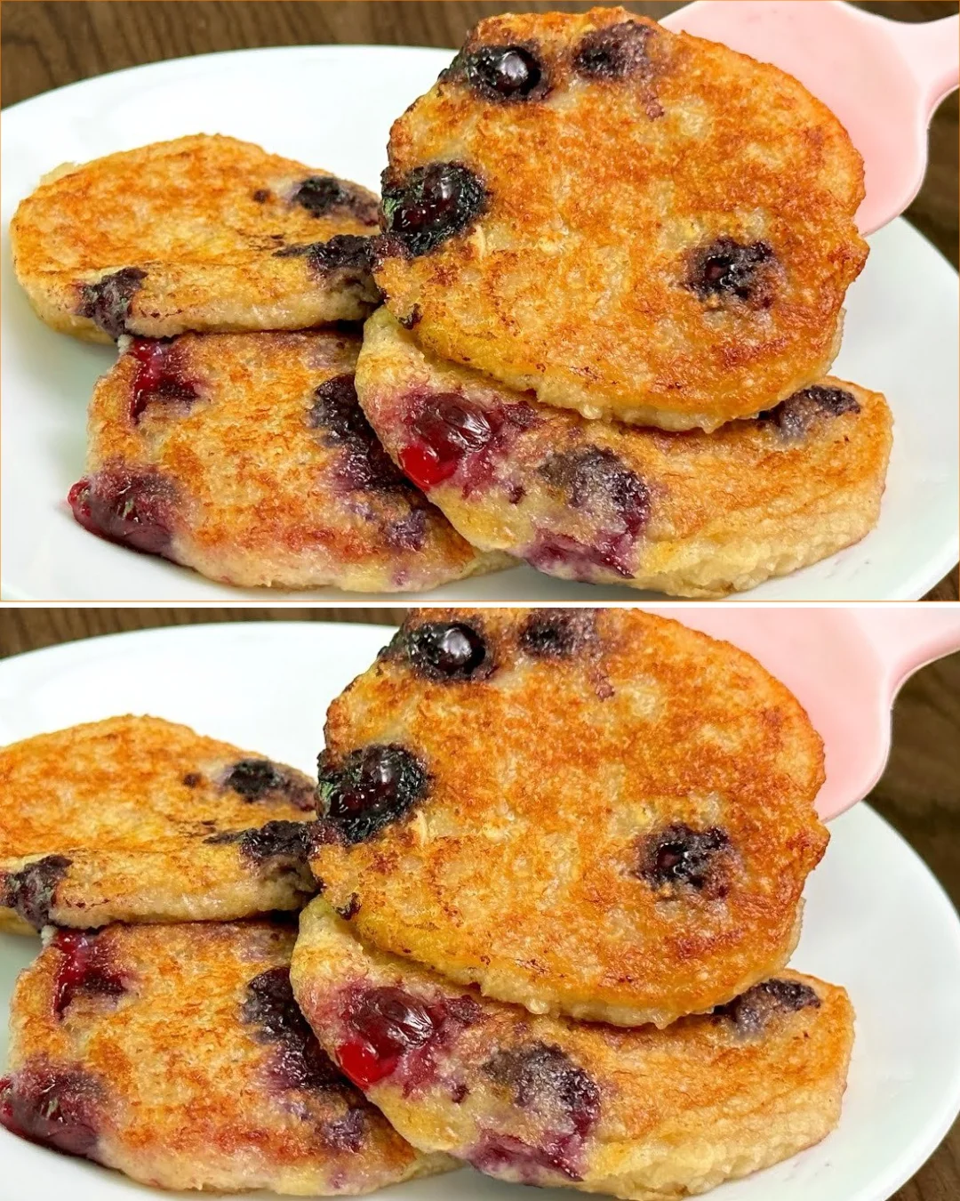 Fluffy oatmeal pancakes topped with fresh fruits and syrup on a plate