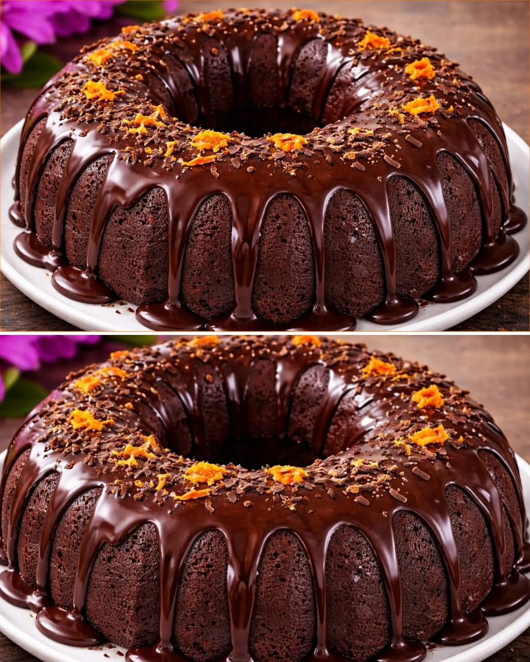 Slice of Orange and Cocoa Cake topped with chocolate ganache and orange zest.