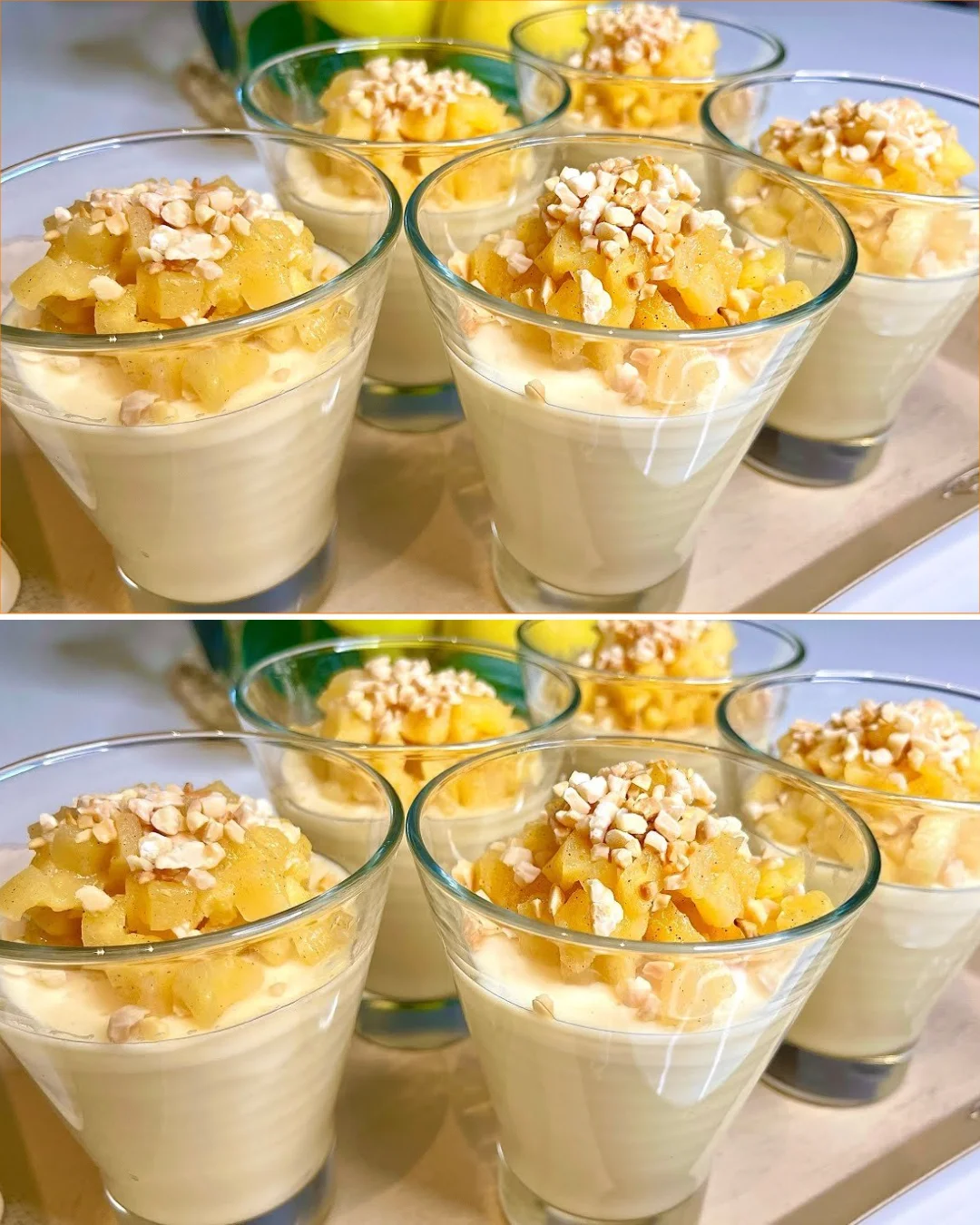 Oven-free apple dessert with milk on a plate, garnished beautifully.