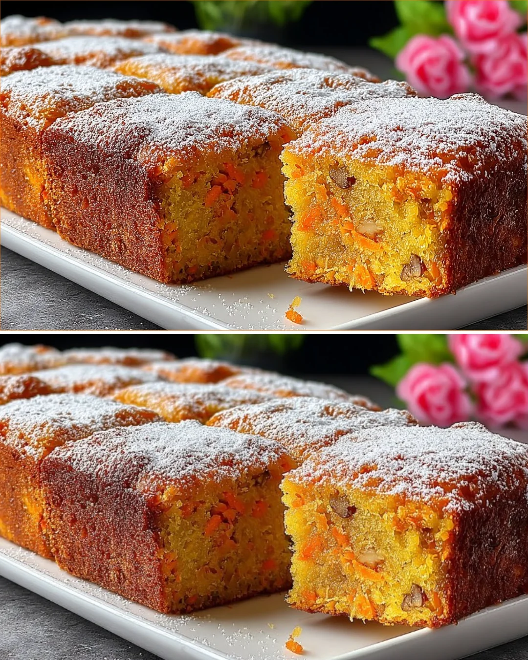 Delicious slice of perfect carrot cake with cream cheese frosting