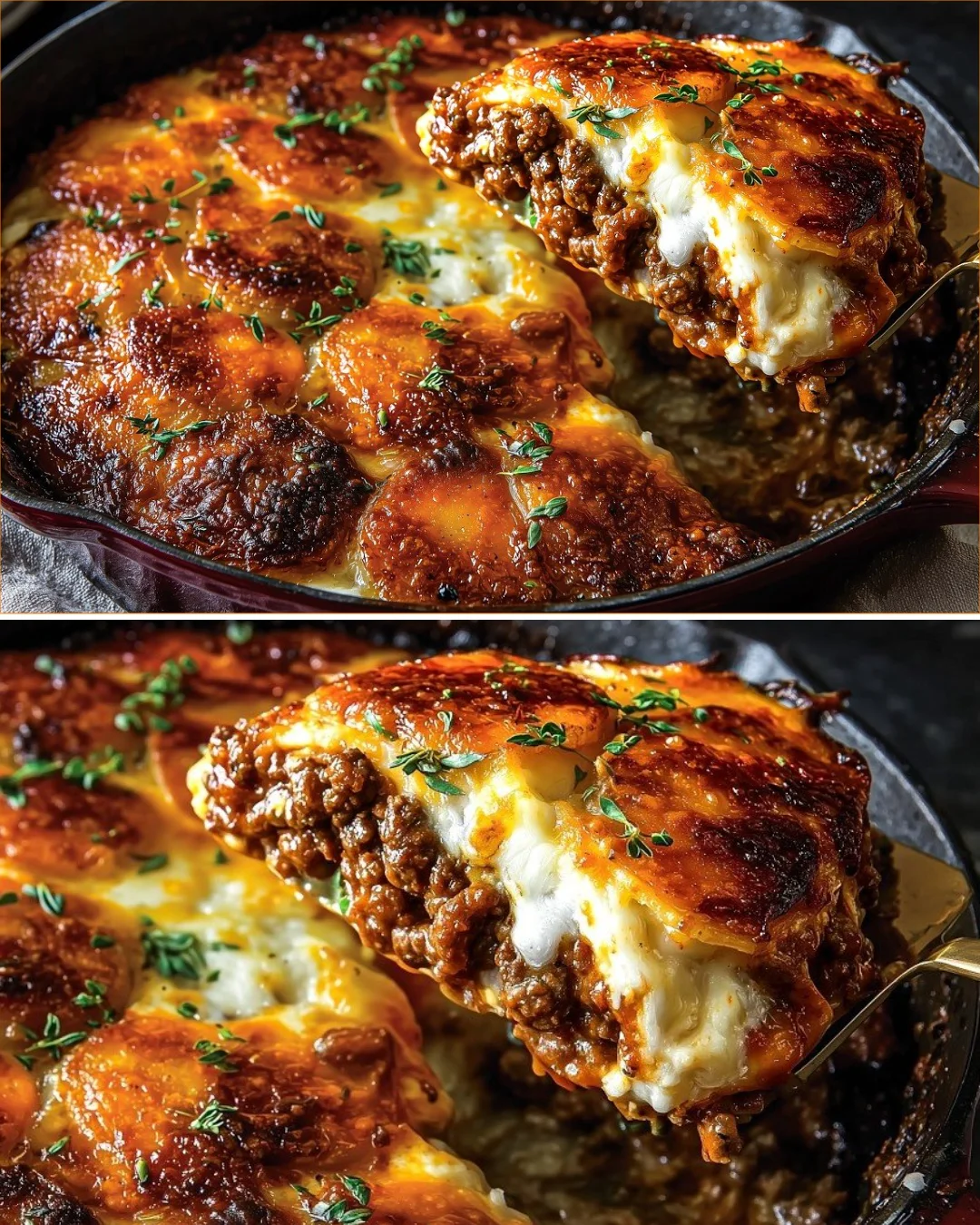 Baked Potato and Ground Beef Casserole in a serving dish