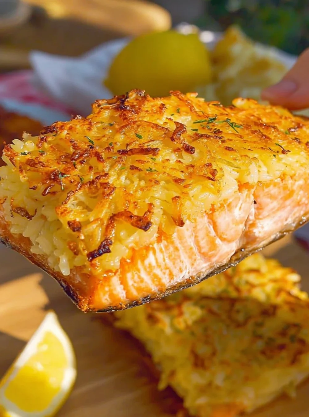 Delicious potato-crusted salmon dish with a crispy layer, served on a plate.
