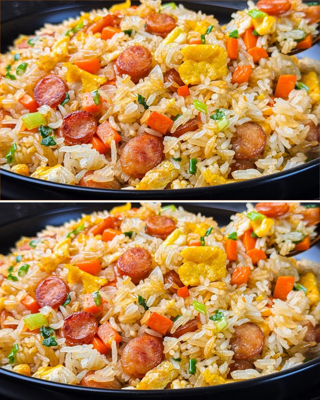 Delicious plate of quick and easy sausage fried rice with colorful veggies
