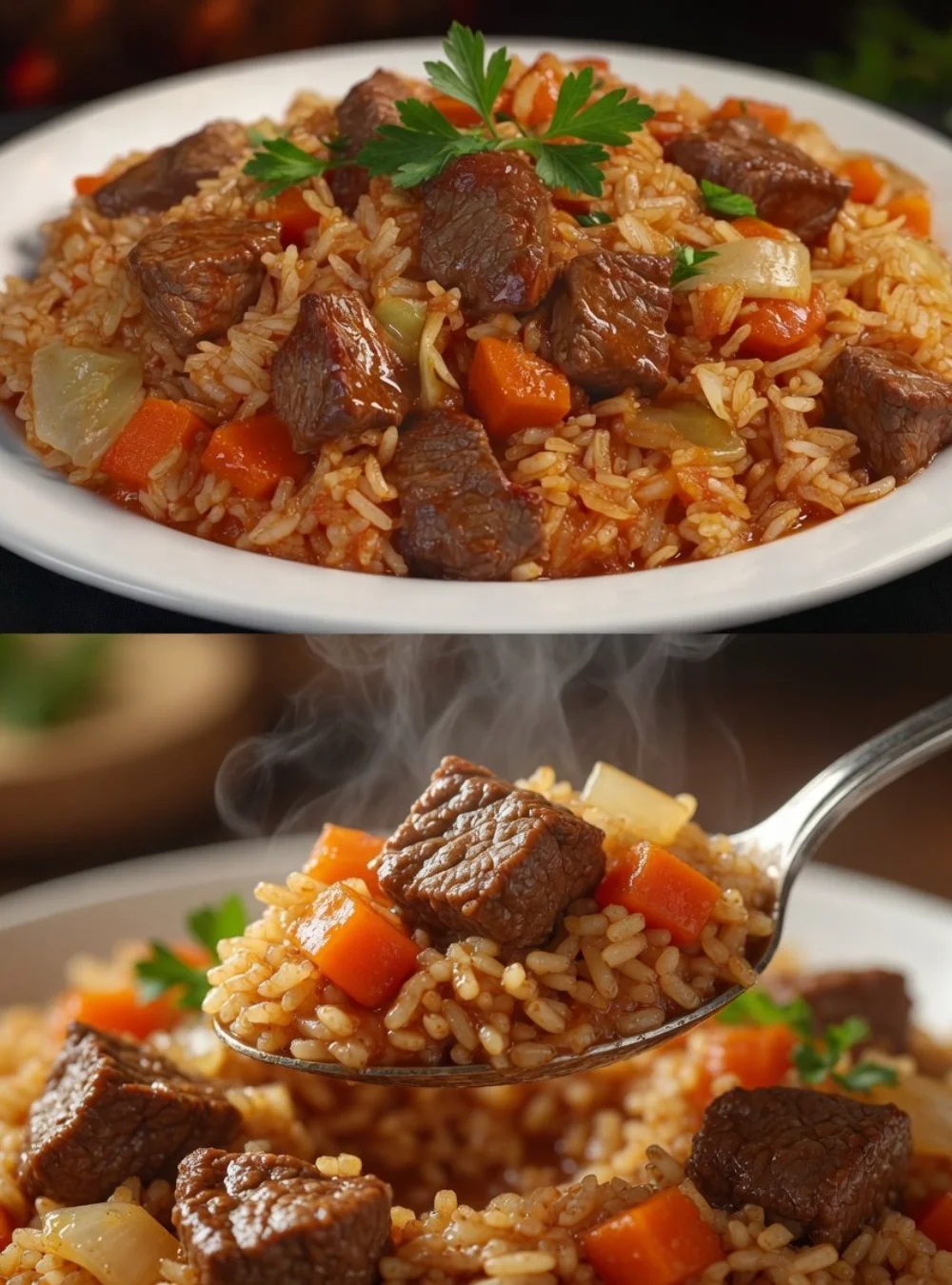 Delicious plate of rice with beef garnished with vegetables.