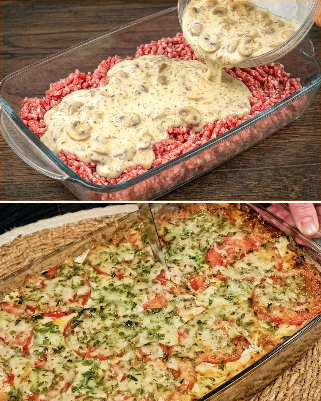 Savory casserole topped with creamy mushroom sauce, garnished with herbs.