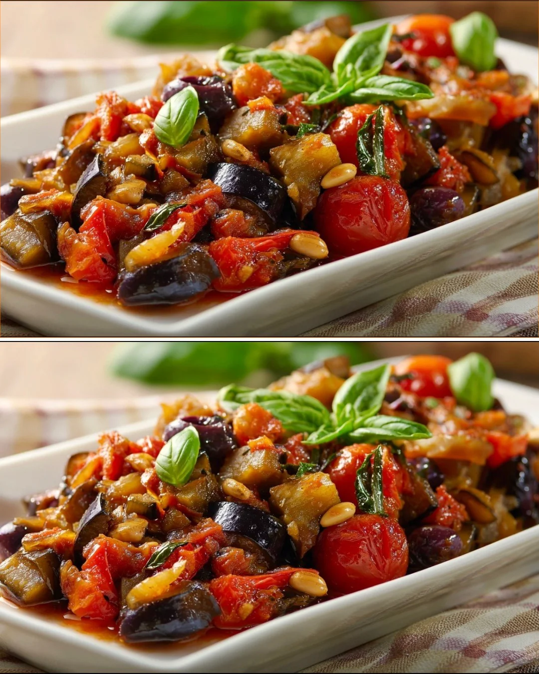 Delicious Sicilian Eggplant Caponata served in a bowl with herbs