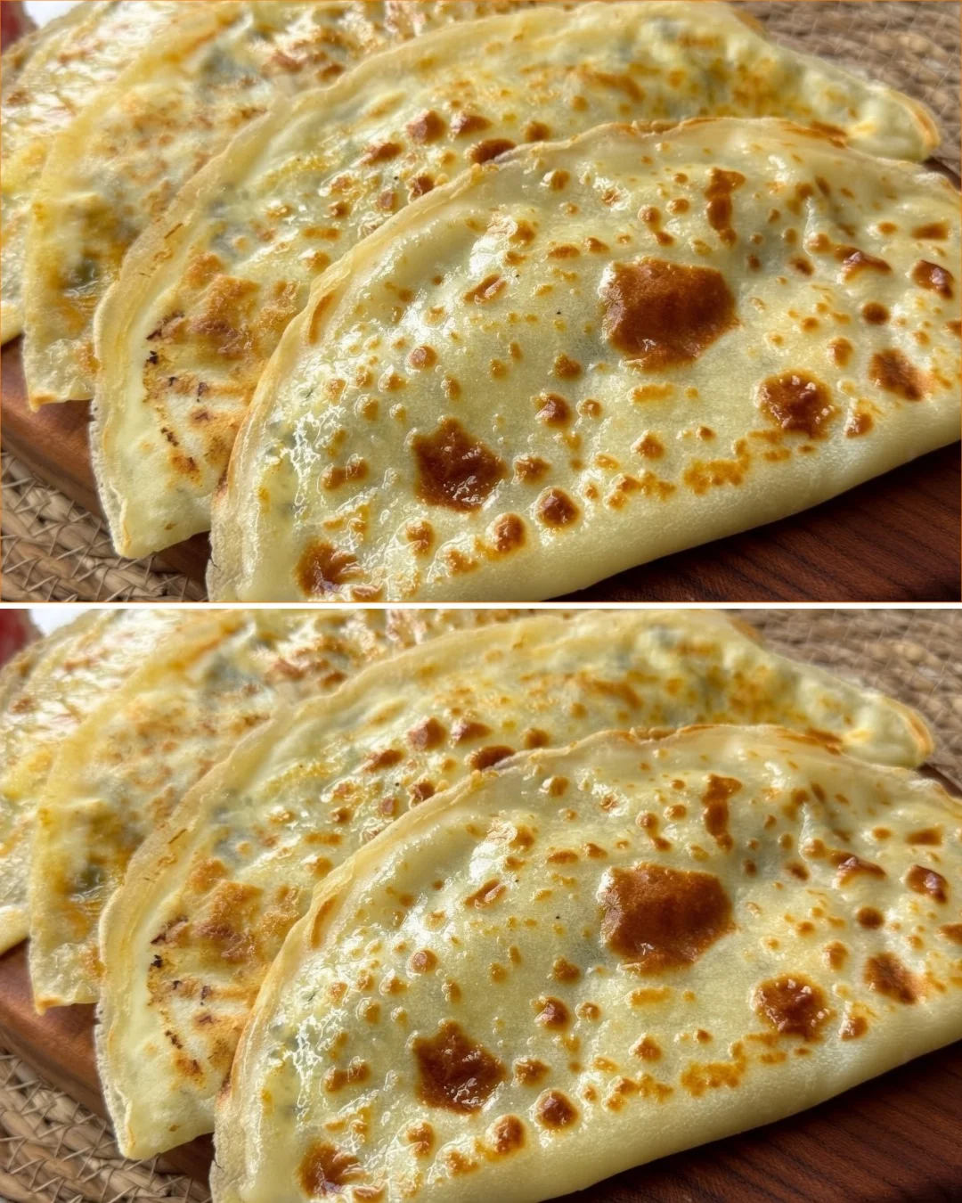 Cottage cheese filled flatbread served on a wooden table