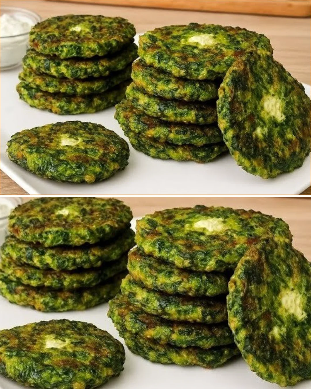 Plate of crispy spinach fritters served with a dipping sauce.