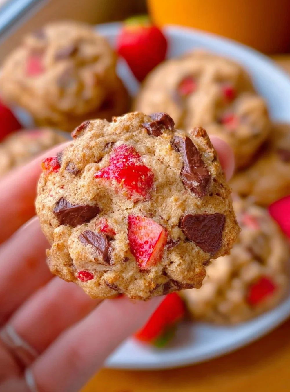 Freshly baked Strawberry Chocolate Cookies with vibrant strawberries and rich chocolate.