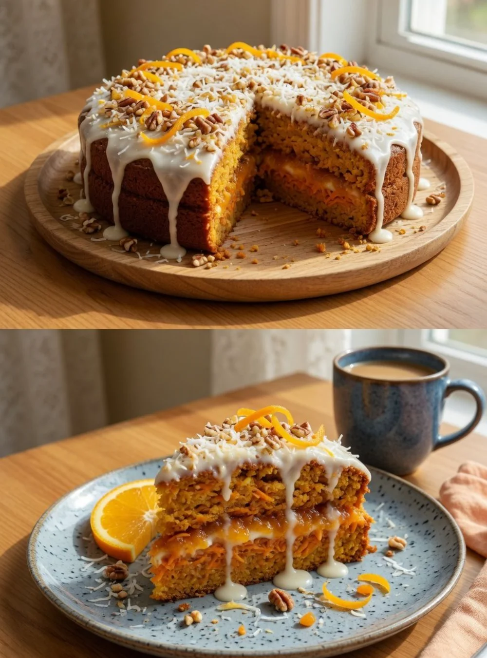Vegan carrot cake with orange, free from flour and sugar, beautifully decorated.