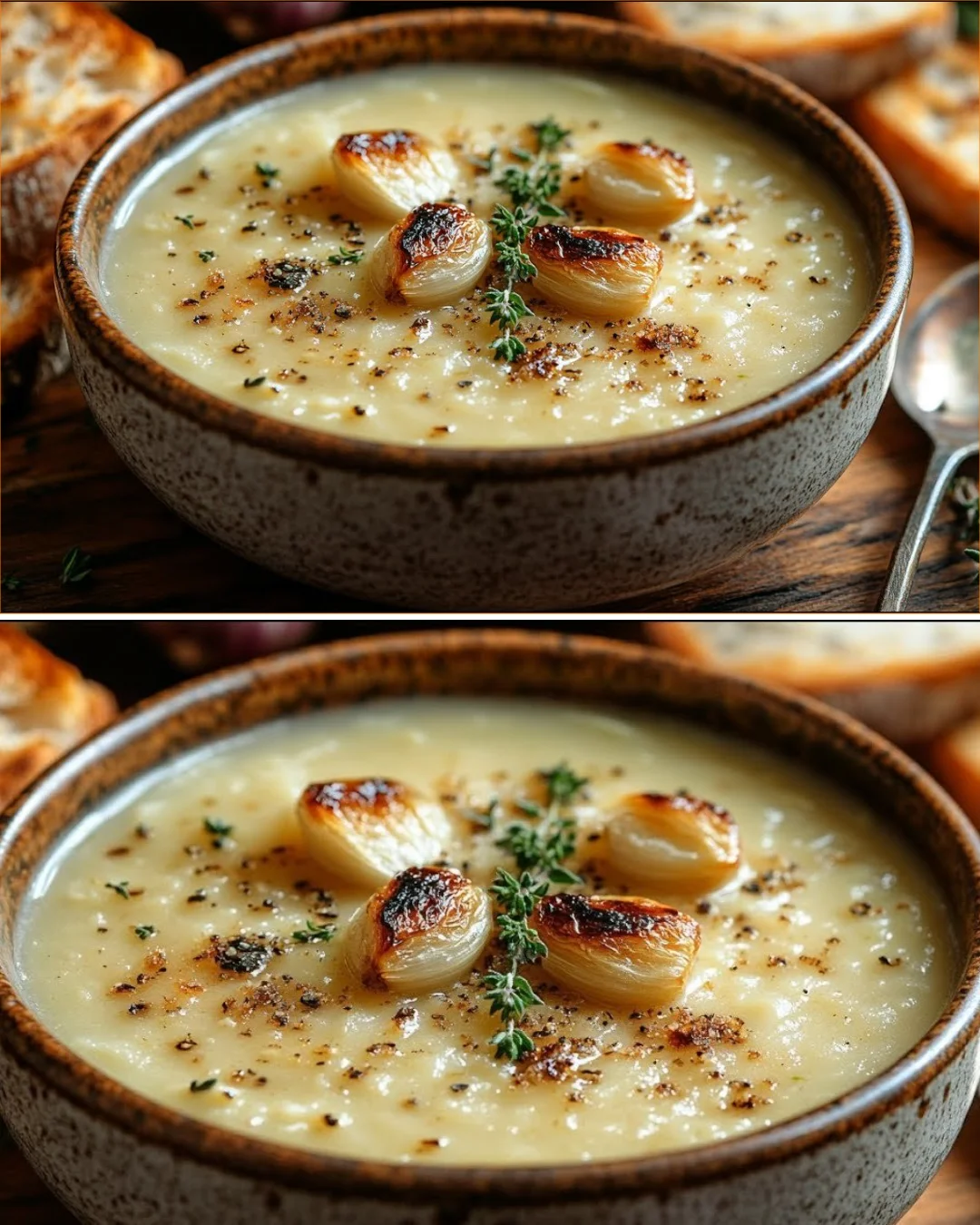 Bowl of vegan garlic soup garnished with herbs and served hot