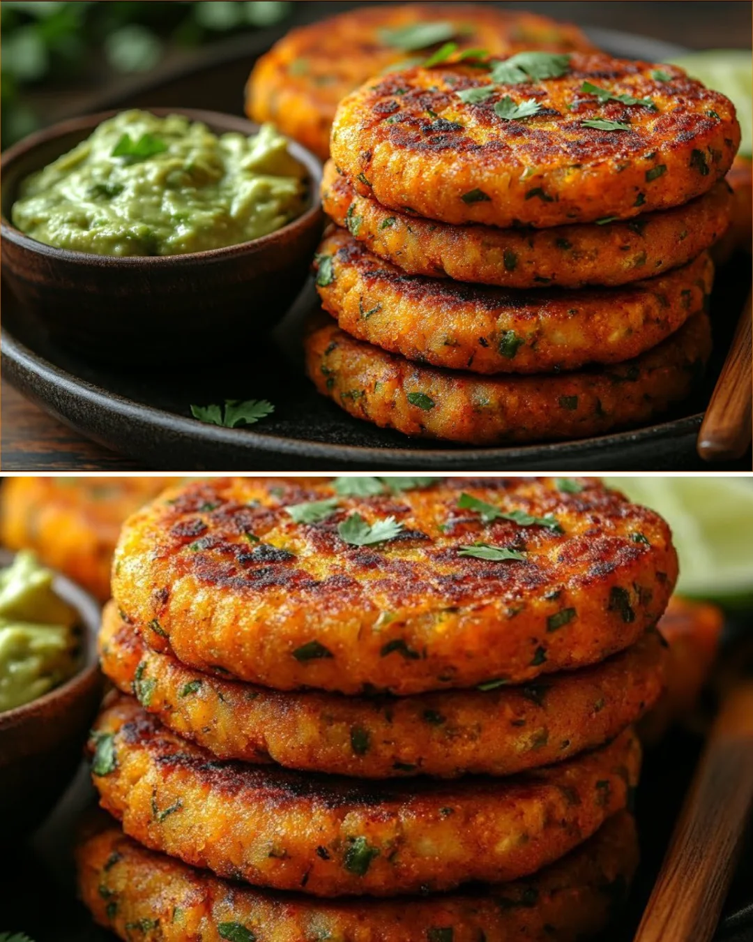 Vegan sweet potato and chickpea cakes served with avocado dip on a plate