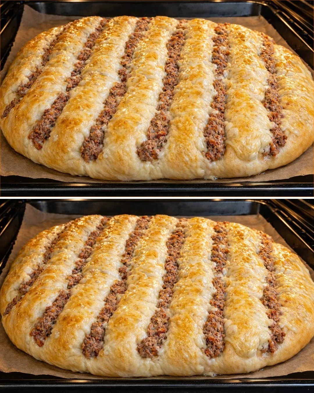 Viral stuffed bread filled with savory ingredients and garnished for presentation.