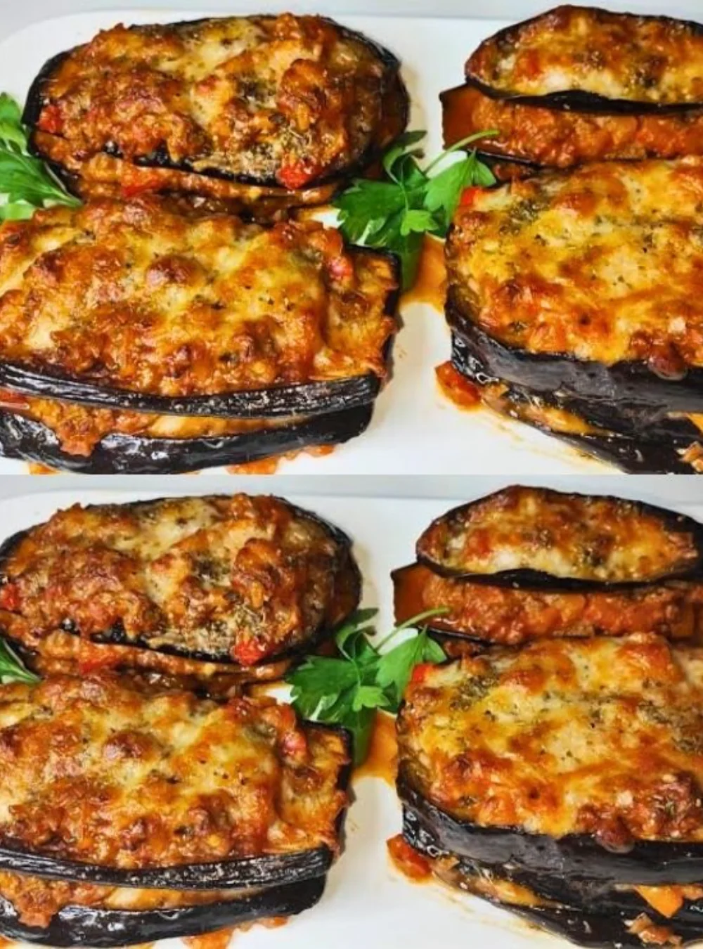 Delicious baked eggplant dish without frying, garnished for presentation.