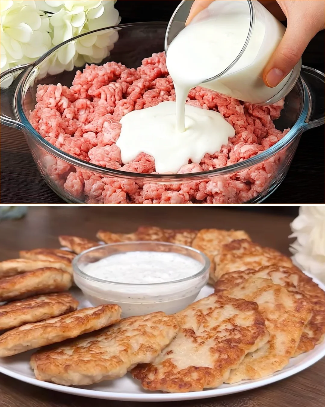 Delicious yogurt and minced meat pancakes served on a plate