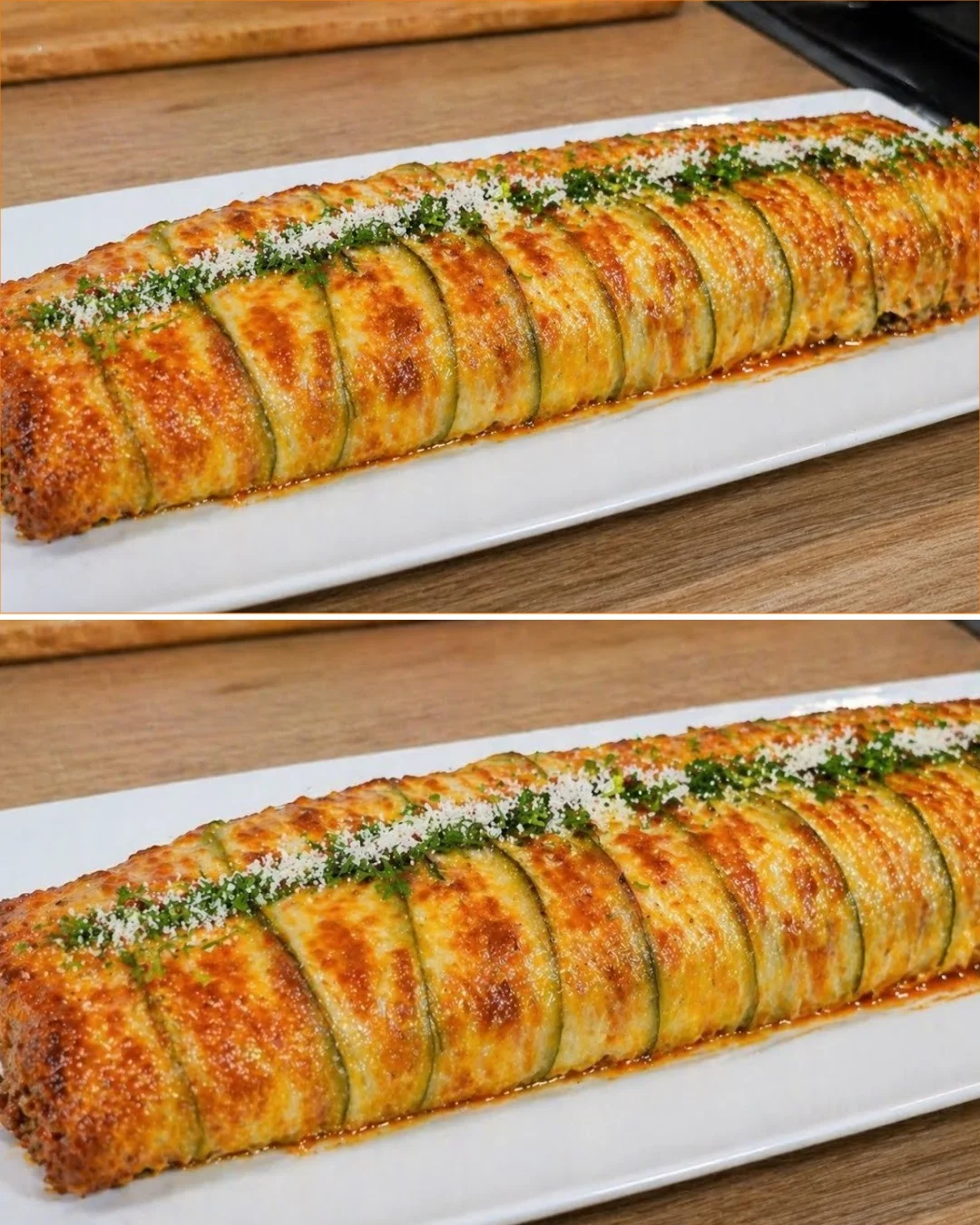 Delicious zucchini roll filled with fresh ingredients and topped with sauce.