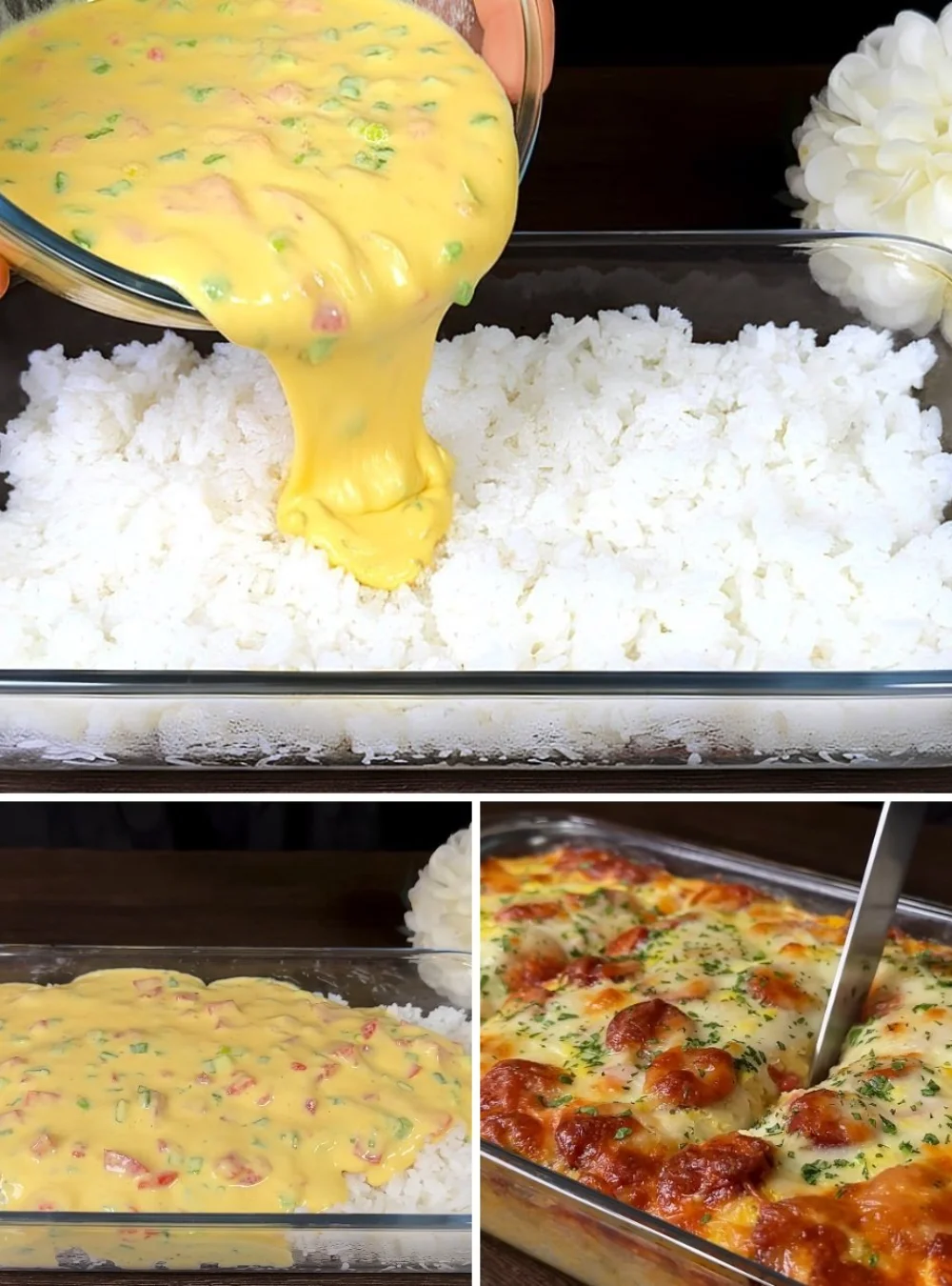 Delicious baked eggs in rice casserole dish with vegetables.