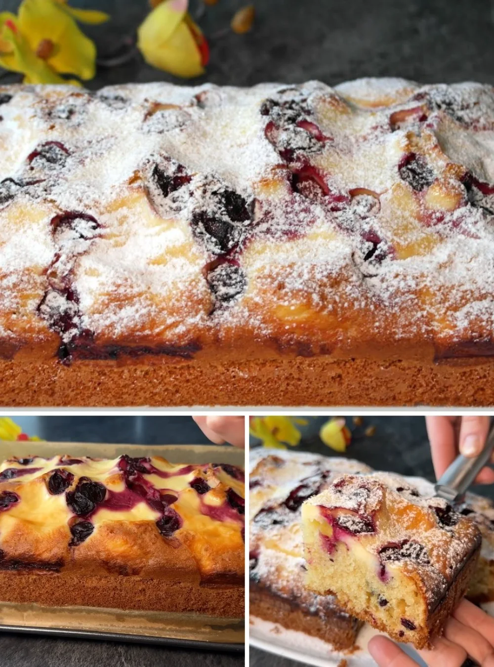 Delicious soft and fluffy cherry cake topped with fresh cherries.