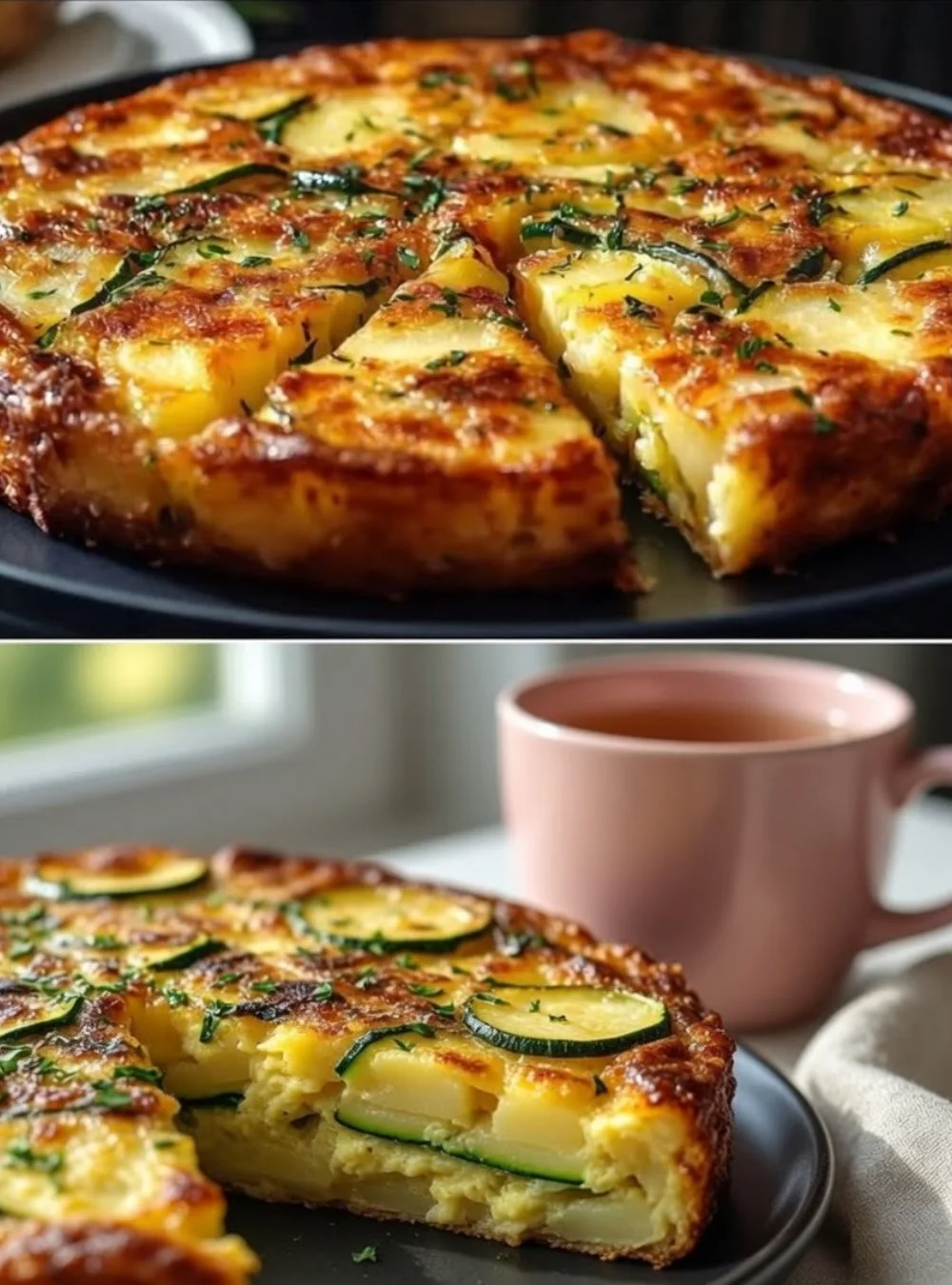 Cozy potato and zucchini layered casserole dish served warm