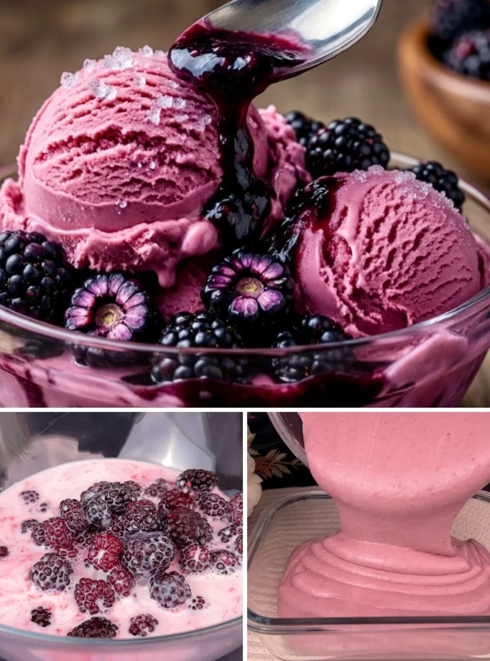 A bowl of creamy blackberry ice cream with fresh blackberries on top.