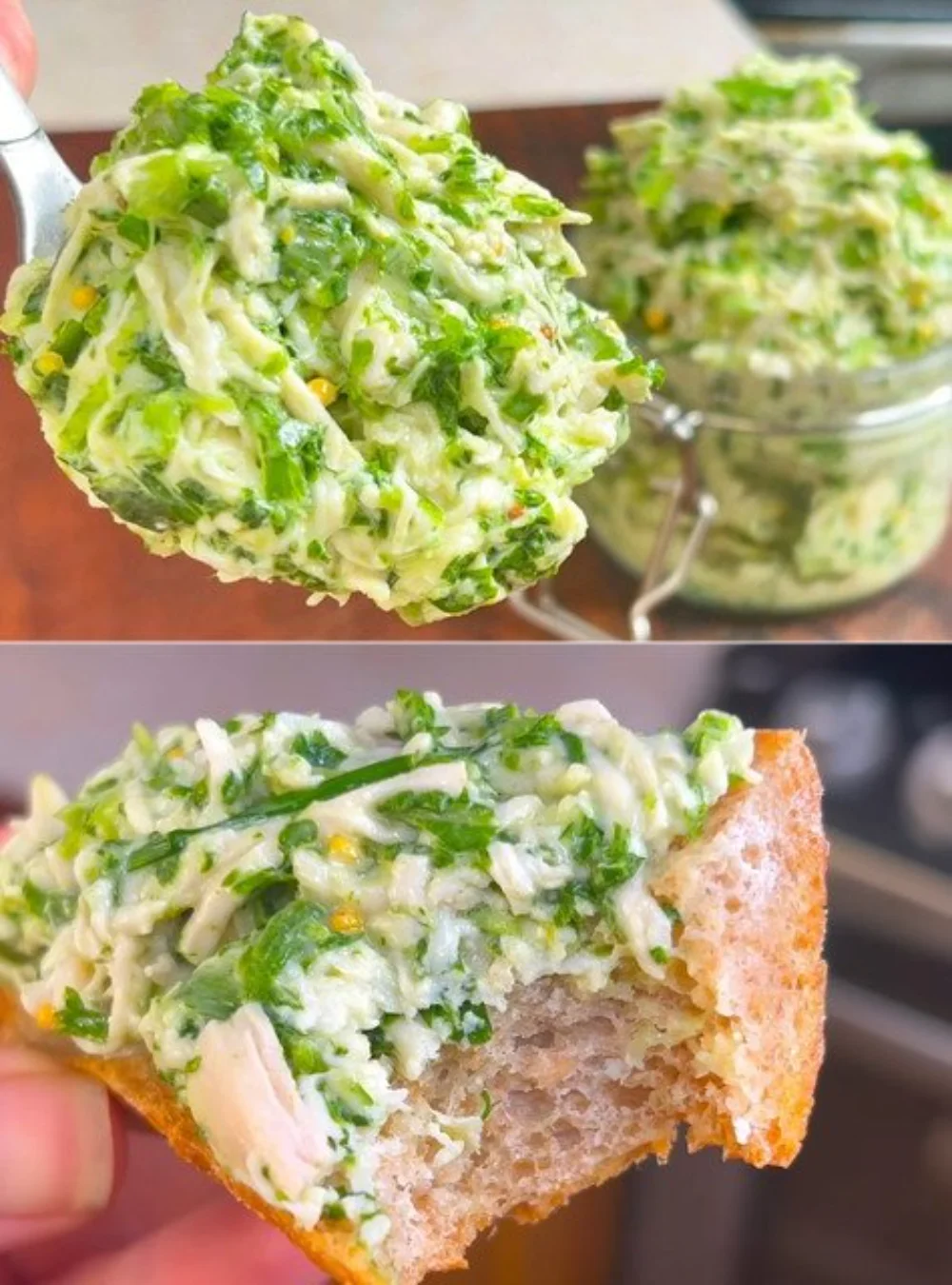Creamy chicken salad in a sandwich on a wooden table