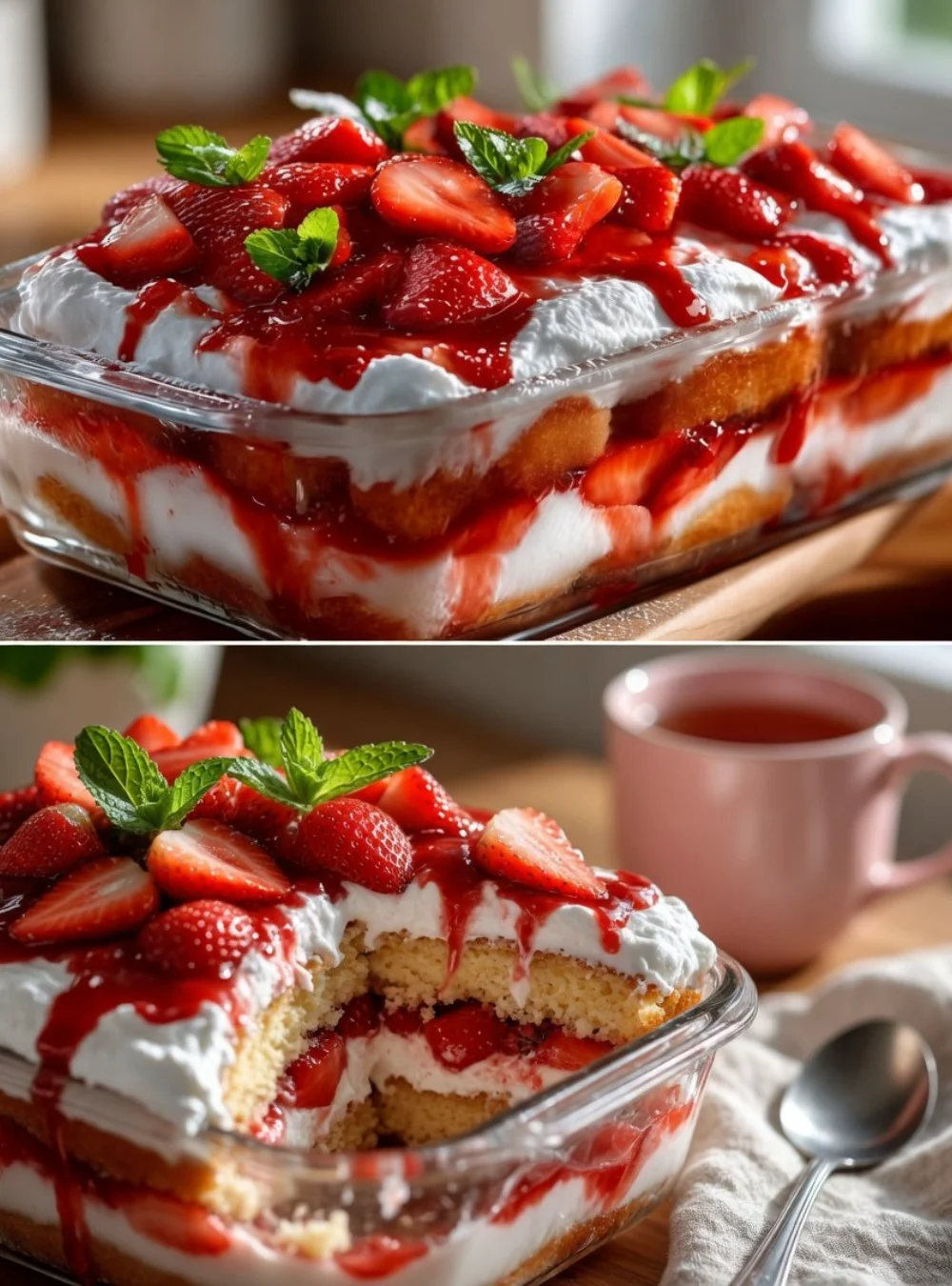 Creamy no-bake strawberry tiramisu served in a beautiful dish