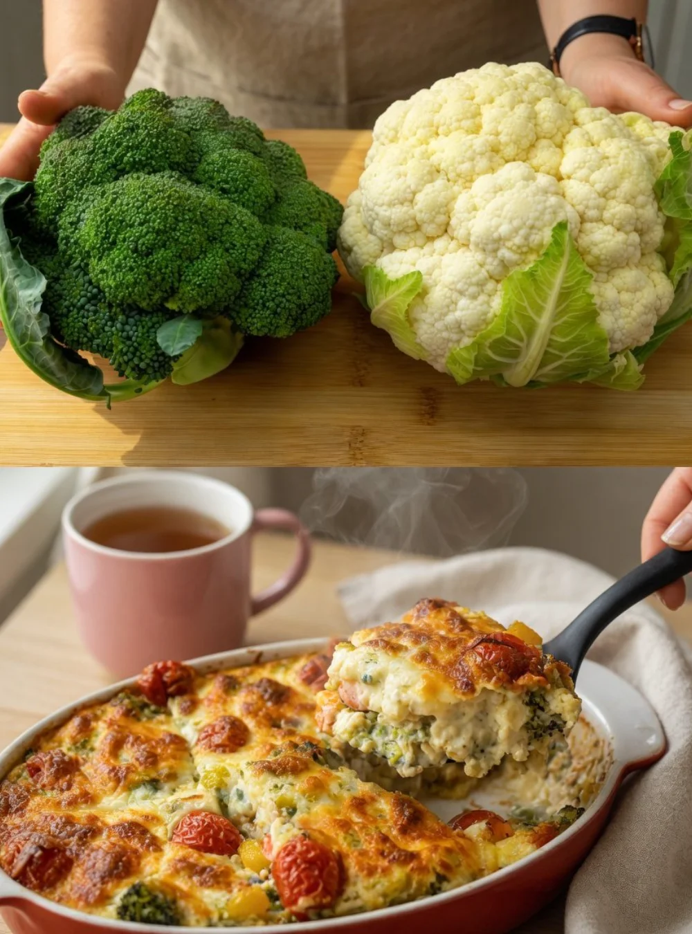 Creamy Spanish broccoli and cauliflower dish garnished with herbs