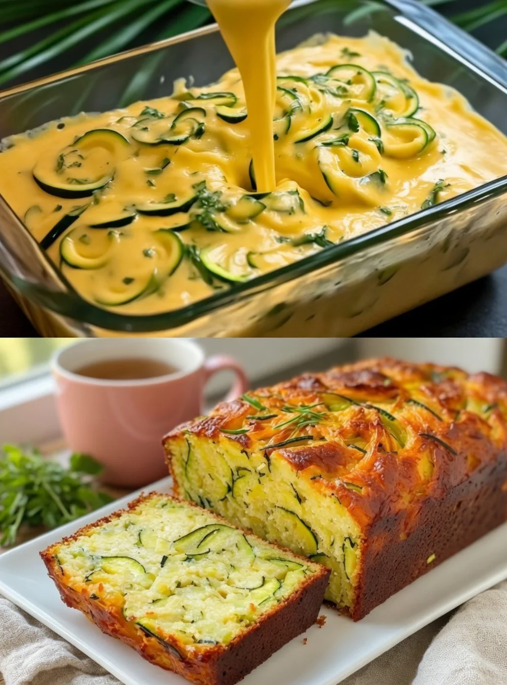 Slice of creamy zucchini pie with fresh zucchini on a wooden table