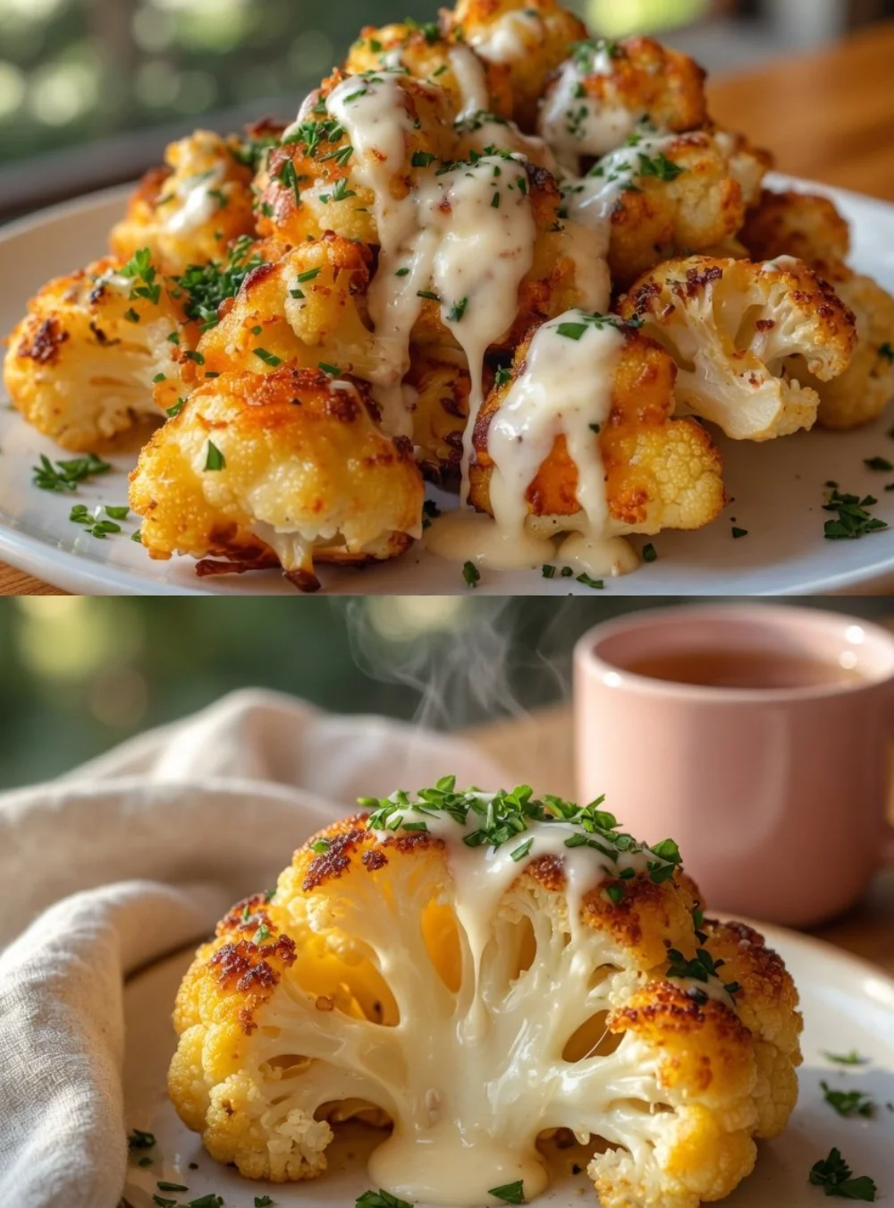 Crispy cheesy baked cauliflower with eggs, a healthy and flavorful dish.