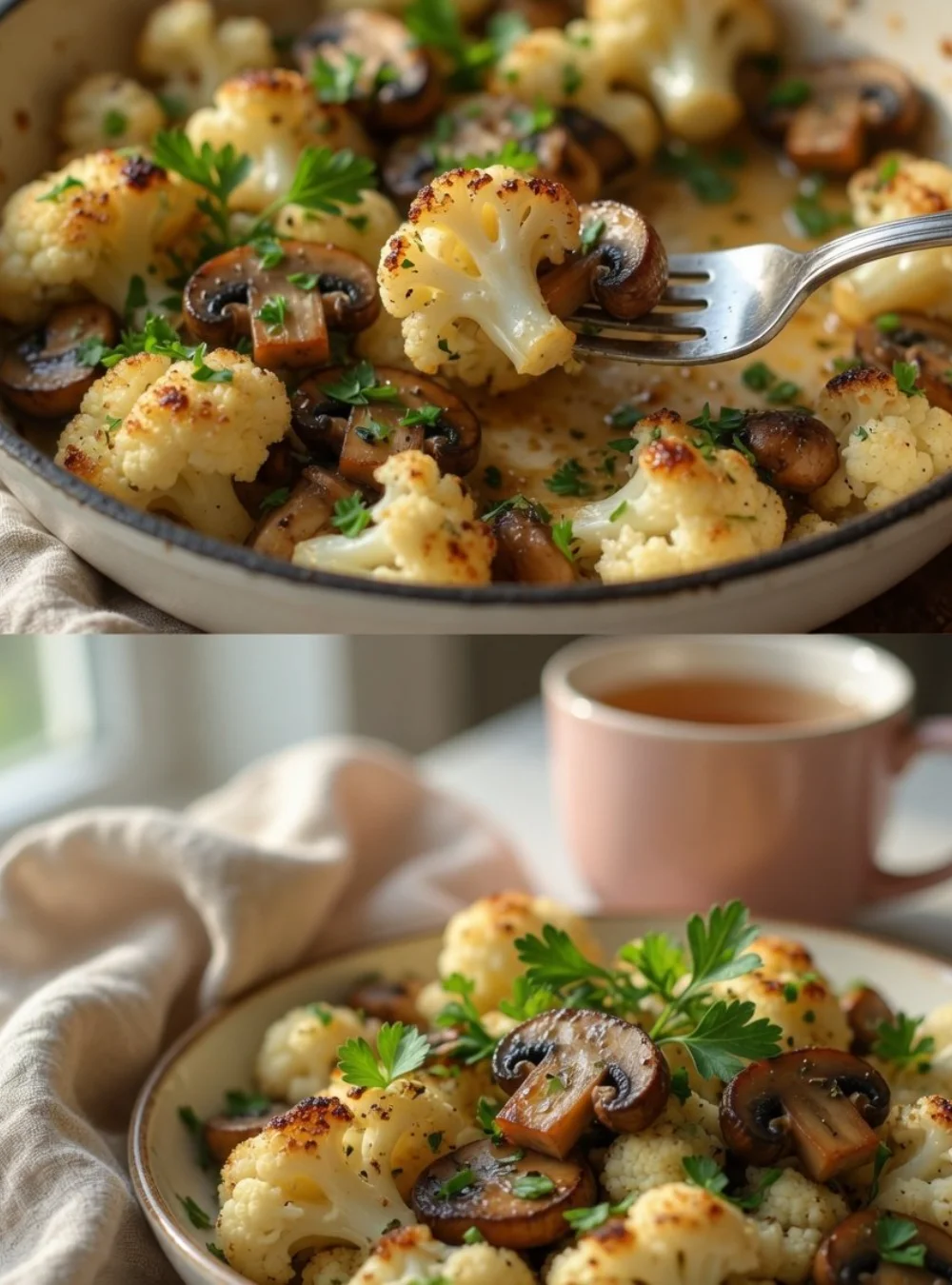 Crispy Garlic Cauliflower and Mushrooms in a skillet, perfect for a healthy dish.