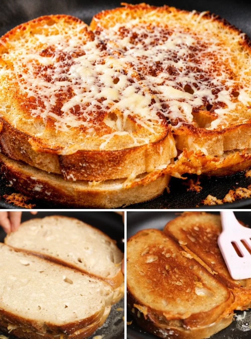 Crispy grilled cheese sandwich with melted cheese and golden crust