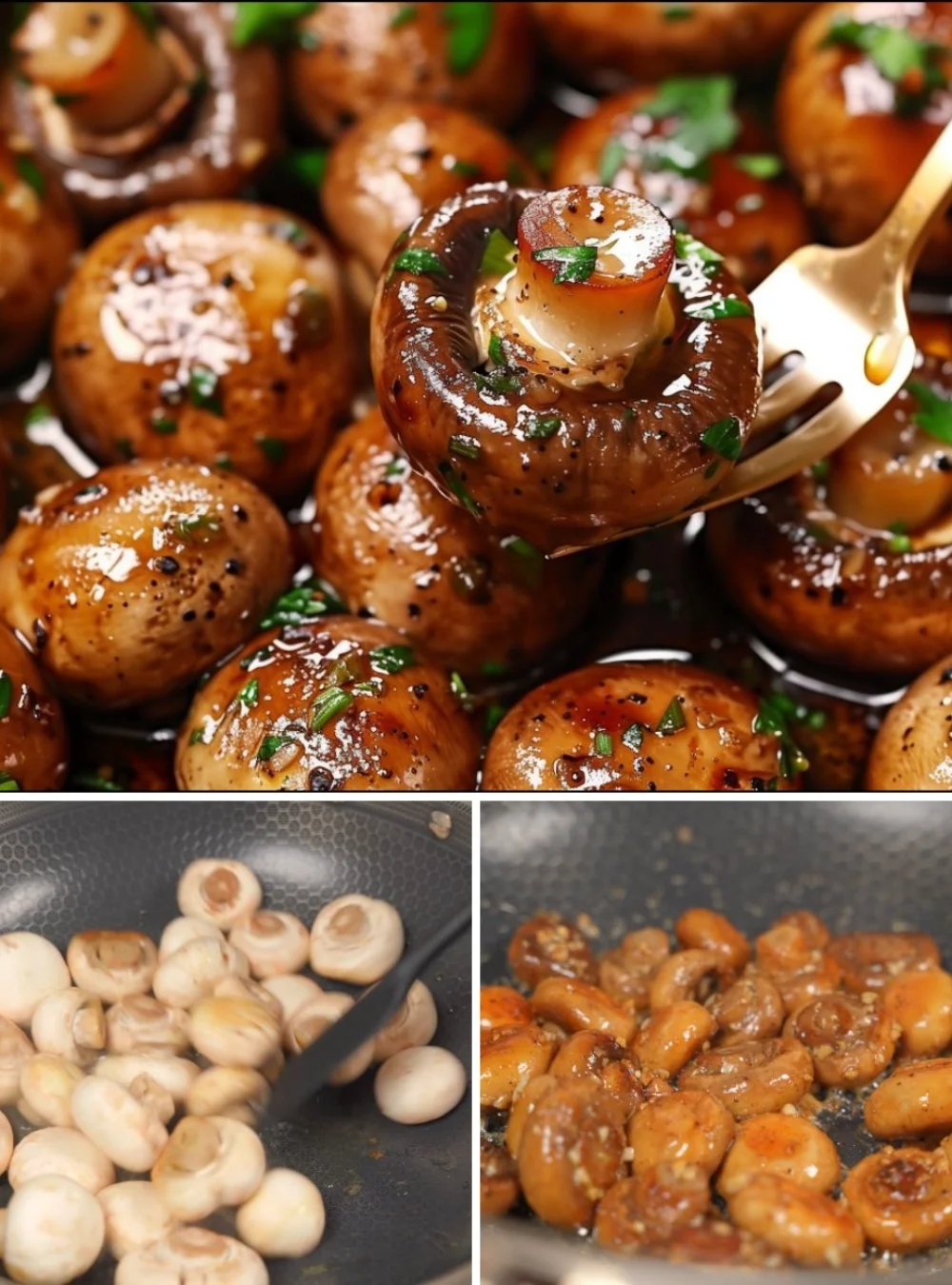 Delicious crispy pan-fried garlic mushrooms served in a skillet
