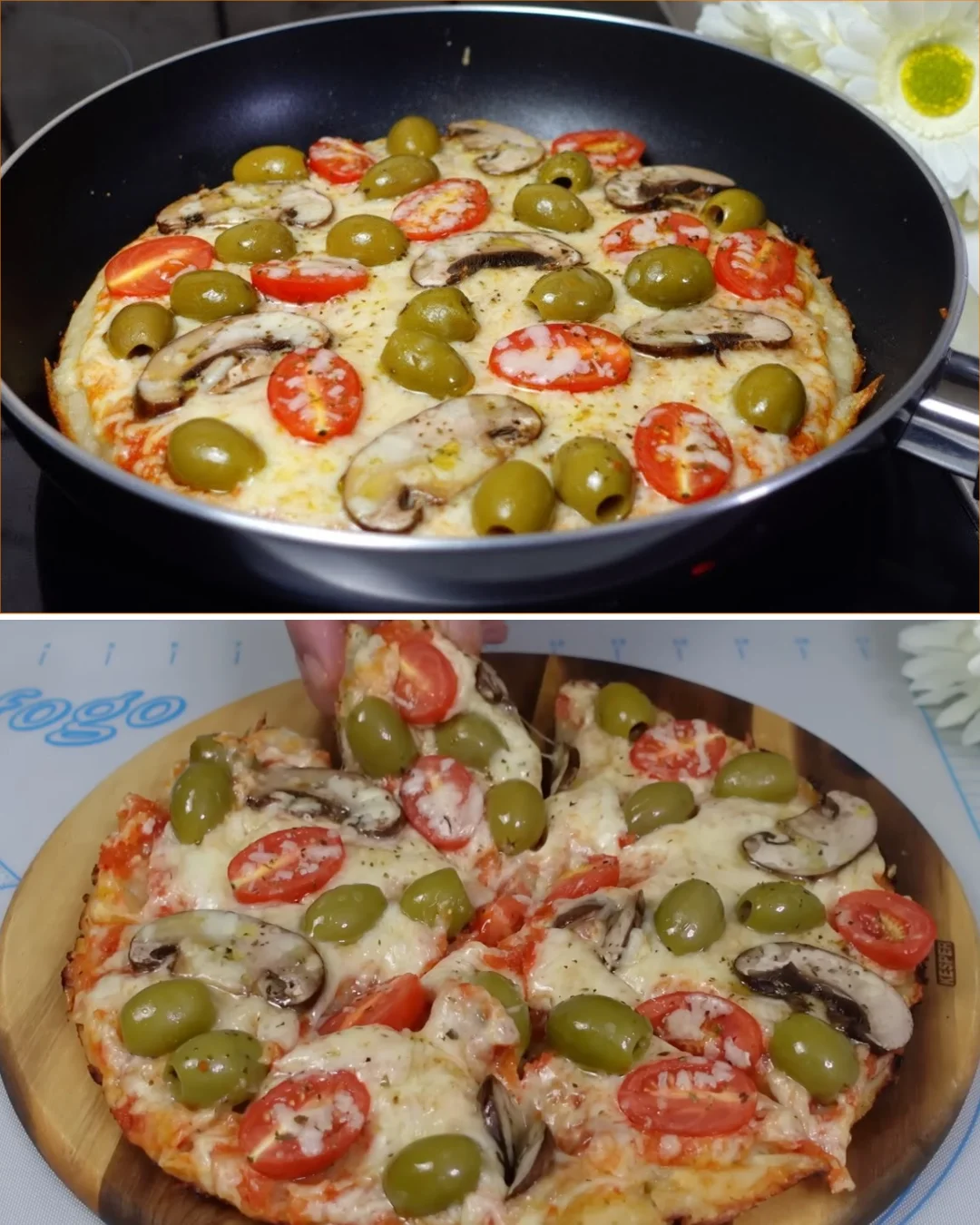 Homemade crispy pizza with no-knead liquid dough topped with fresh ingredients