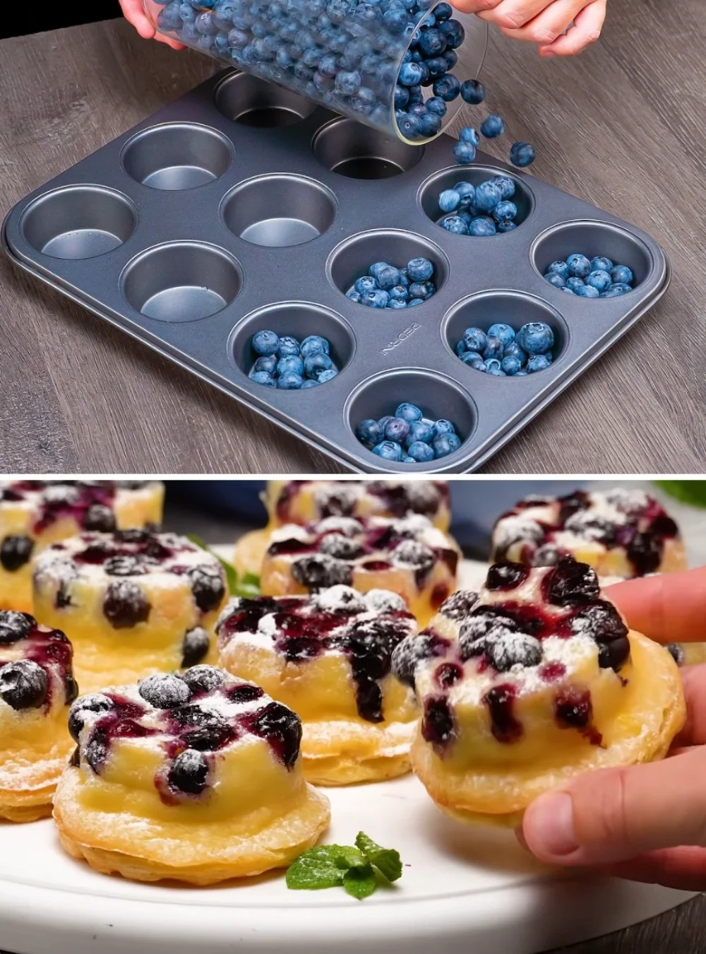 Delicious blueberry puff pastry dessert on a plate with fresh berries