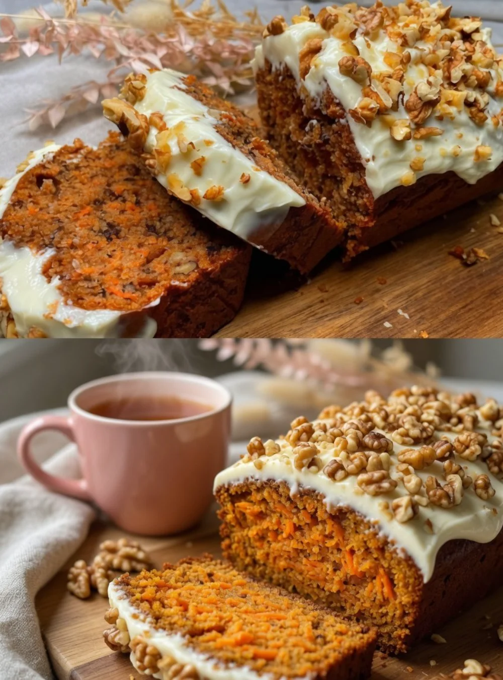 Deliciously moist homemade carrot cake topped with cream cheese frosting