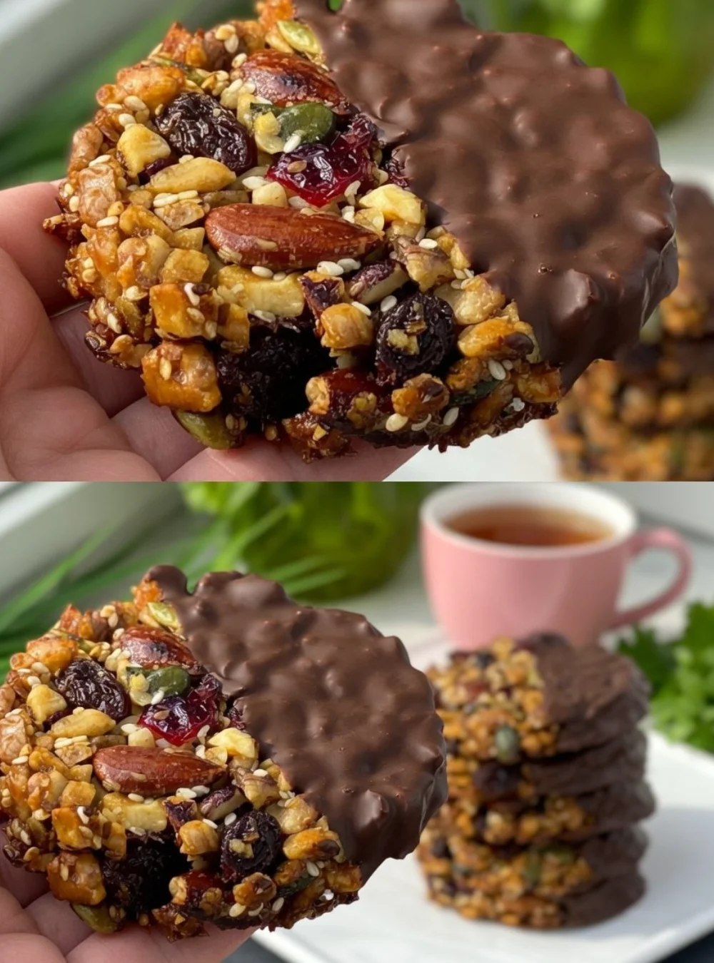 Easy chocolate-dipped nut and seed cookies on a baking tray