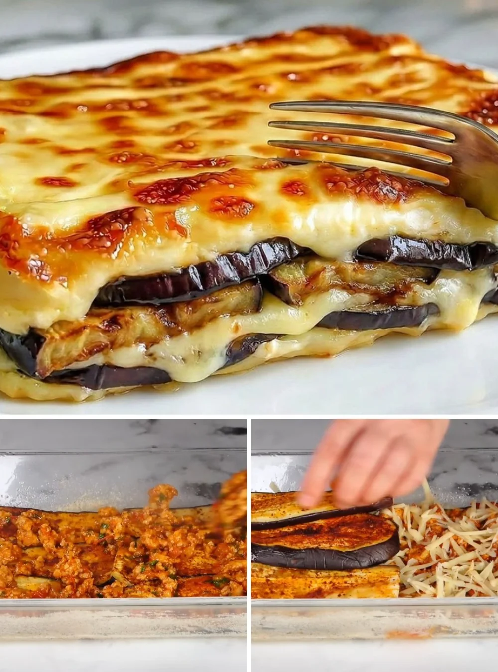Delicious and easy eggplant casserole served in a dish