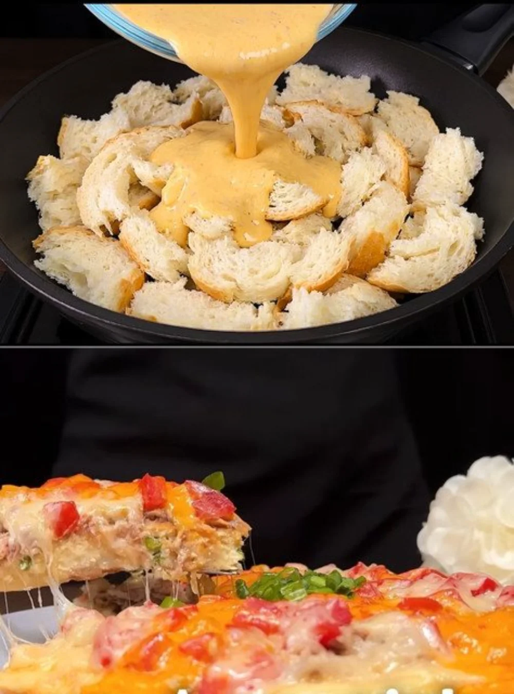 Easy eggs in a bread casserole topped with herbs for a delicious breakfast dish.