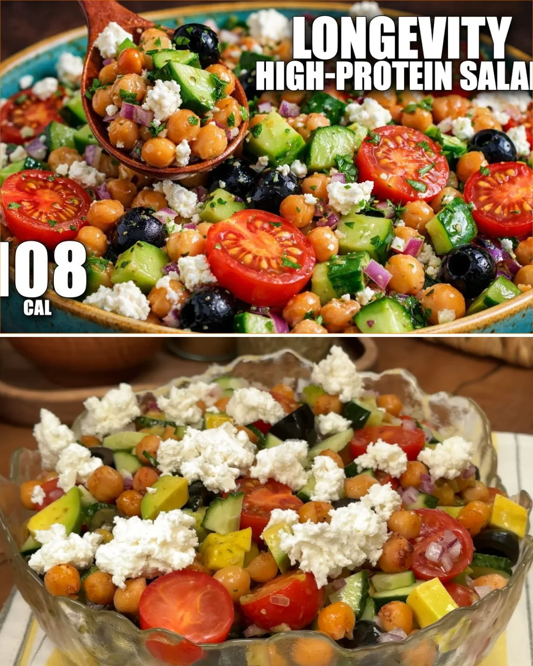 Mediterranean-style chickpea salad with feta, vibrant vegetables, and herbs.