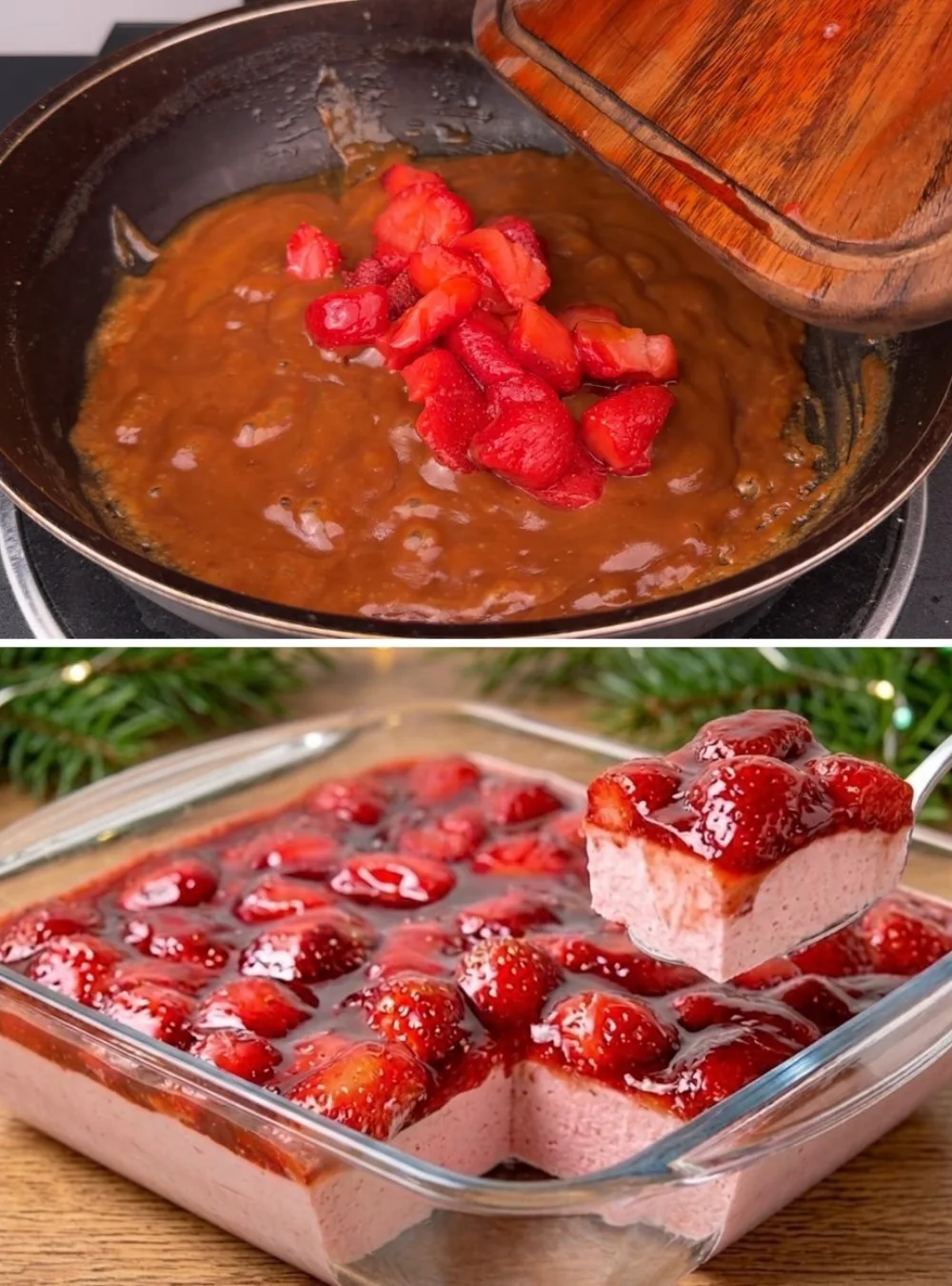 No-bake strawberry dessert in a glass with fresh strawberries on top
