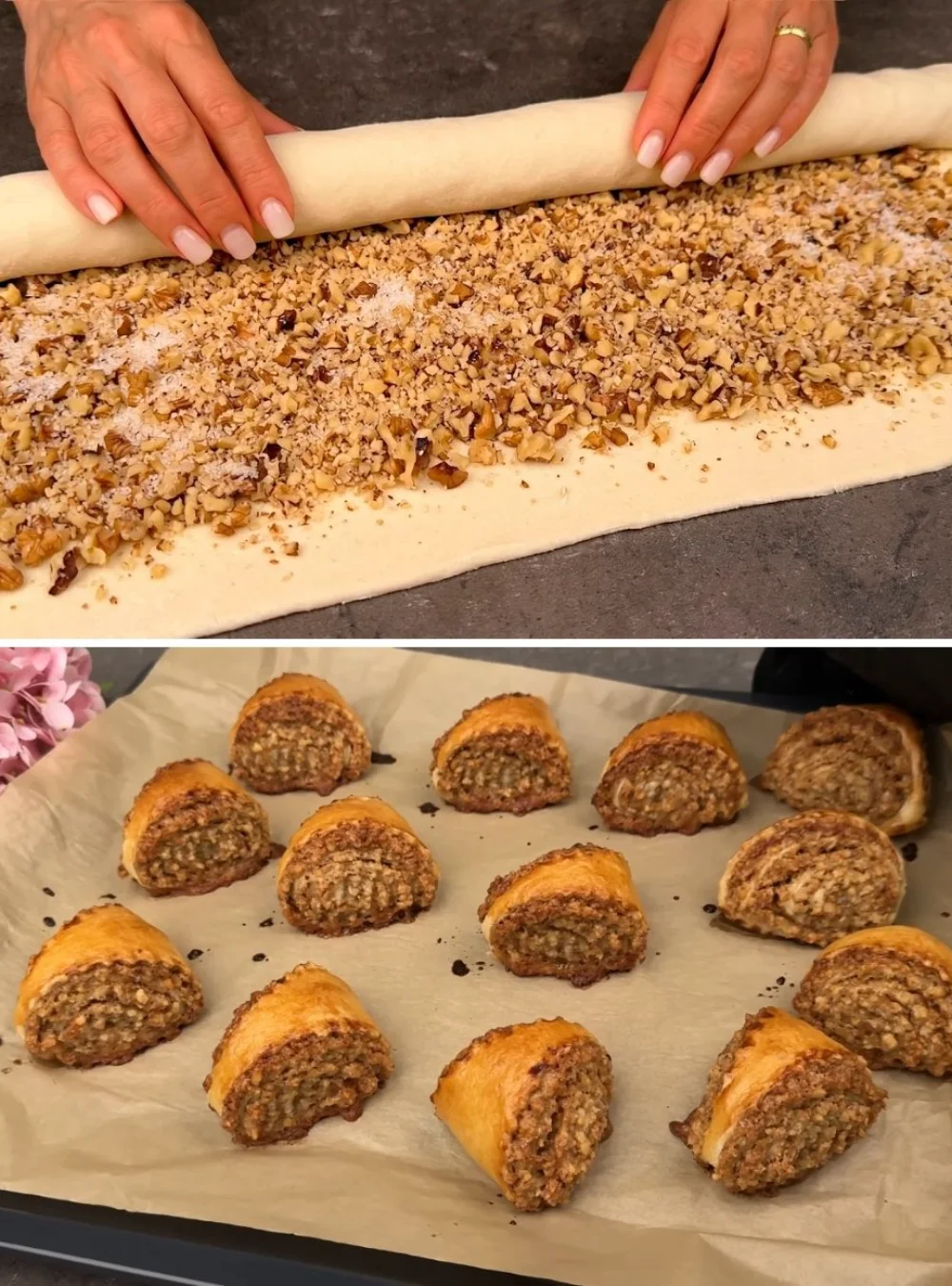 Easy puff pastry walnut dessert on a plate garnished with fresh walnuts
