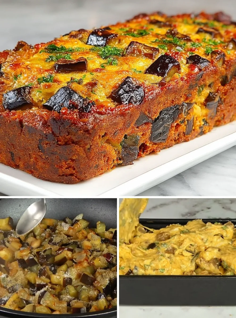 Savory eggplant cake served on a plate, garnished with herbs.
