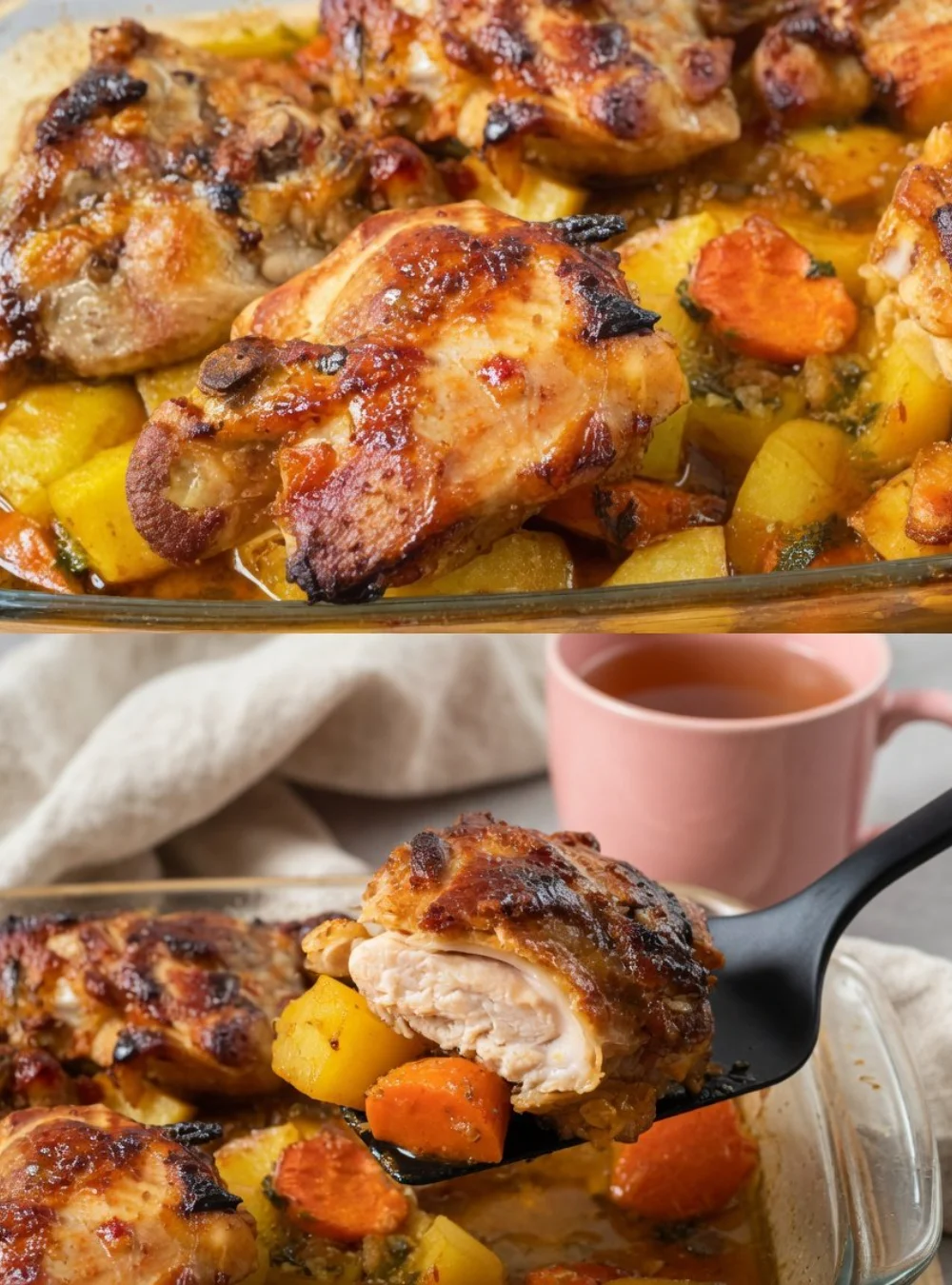 Delicious easy weeknight chicken thighs served with roasted potatoes.